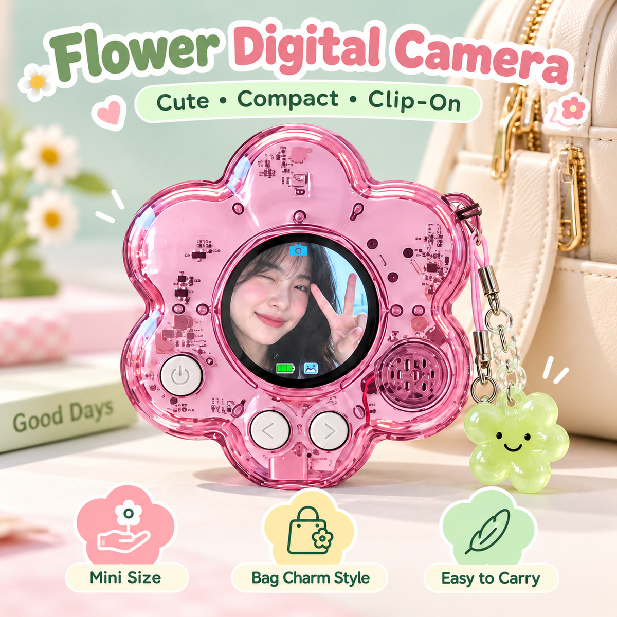 🔥Last Day 50% OFF🌸 Flower Mini Digital Camera | Photo + Video Bag Charm Camera