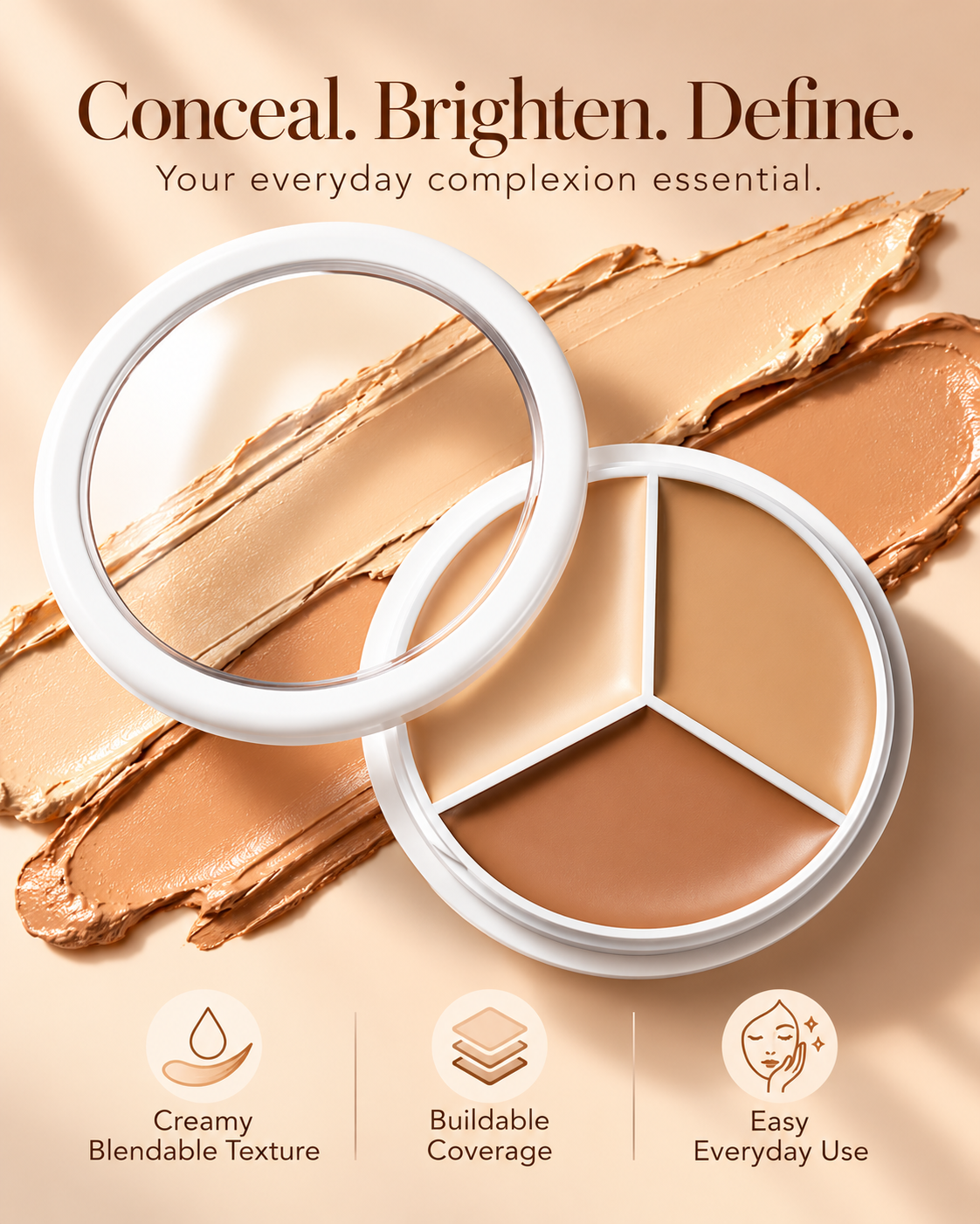 3-in-1 Concealer Cream Palette – Full Coverage, Brightening & Contouring